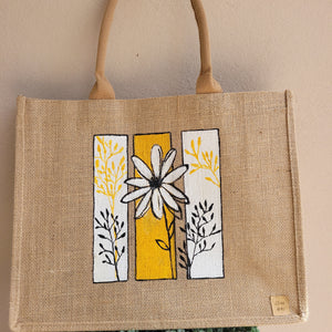 Yellow flower jute tote bag